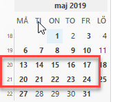 Bilden åskådliggör att vecka 20 börjar den 13 maj